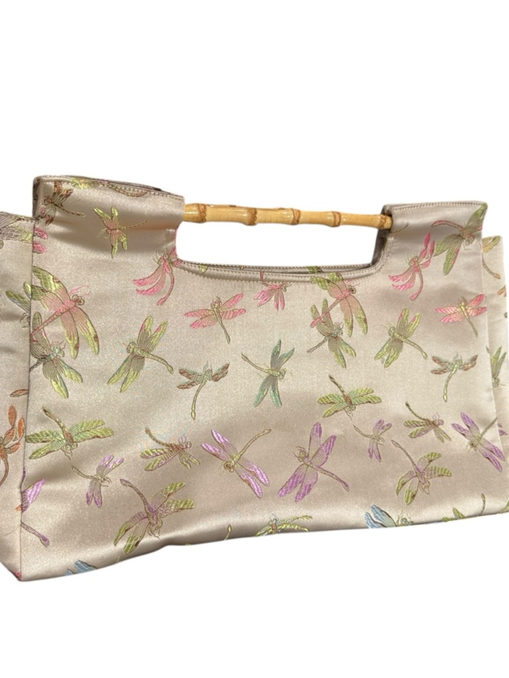 Satin Dragonfly Print Handbag with Bamboo Handle - Cream